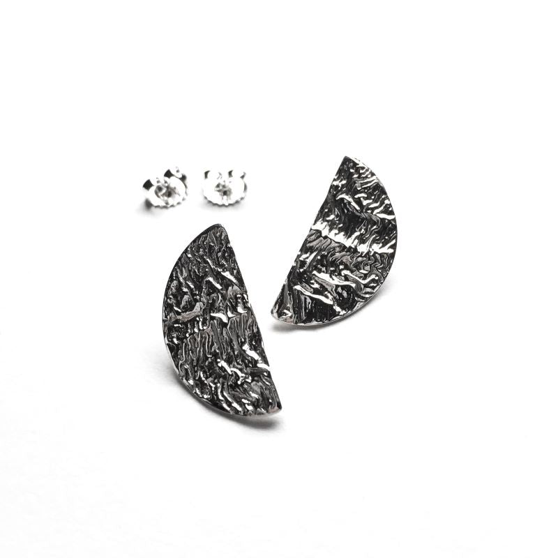 Half Full Moon Stud Earrings in Reticulated Silver