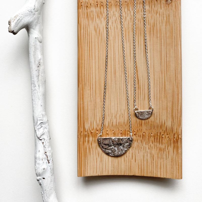 Half Full Moon Necklace and Moon Necklace in Reticulated Silver