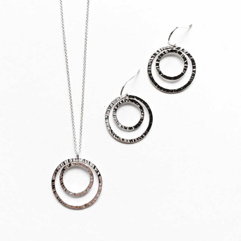 Mini Double Circles Earrings and Necklace Jewellery Set in Sterling Silver