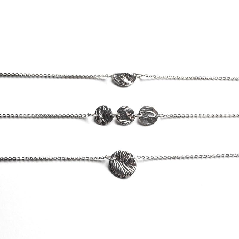 Half Moon Necklace and Triple Moon Choker and Moon Choker Necklaces in Reticulated Silver